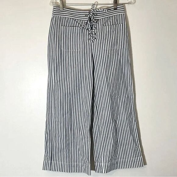 Madewell Blue & White Striped Cotton Wide Leg Cropped Drawstring Pants Size 2 - Picture 1 of 11